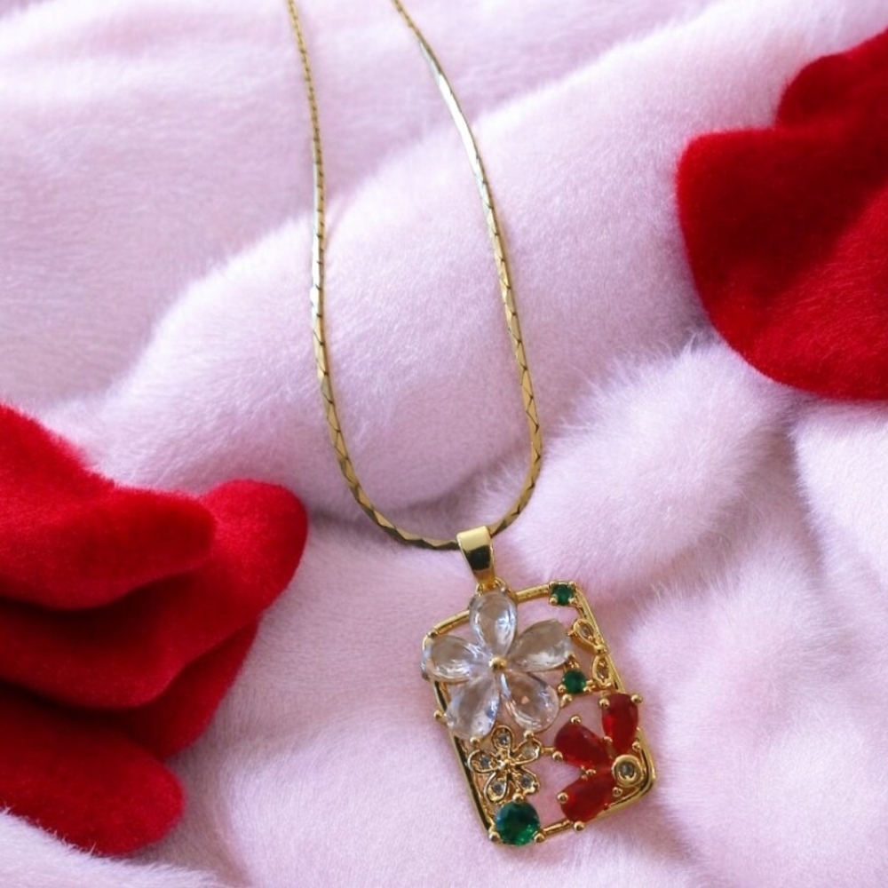 18k Gold Plated Pink and Red Floral Pendant